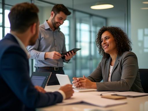 Miembros del equipo discutiendo estrategias financieras colaborativamente